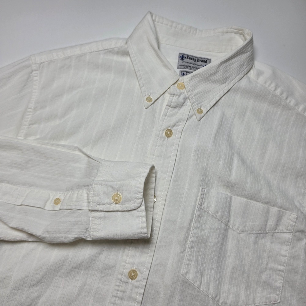 Lucky Brand Mens Button Down Shirt Large White Striped Long Sleeve Cotton Casual